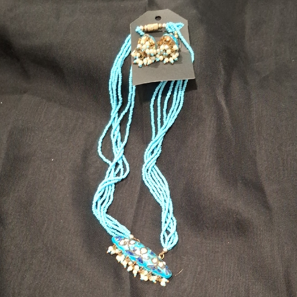 Blue Beaded Necklace and Earring Set